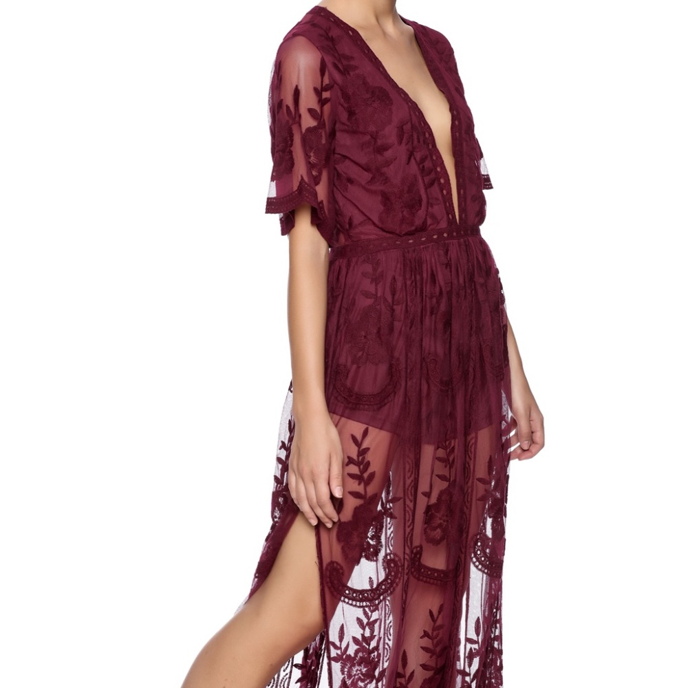 Honey Punch Wine Boho Lace Maxi Dress Small
